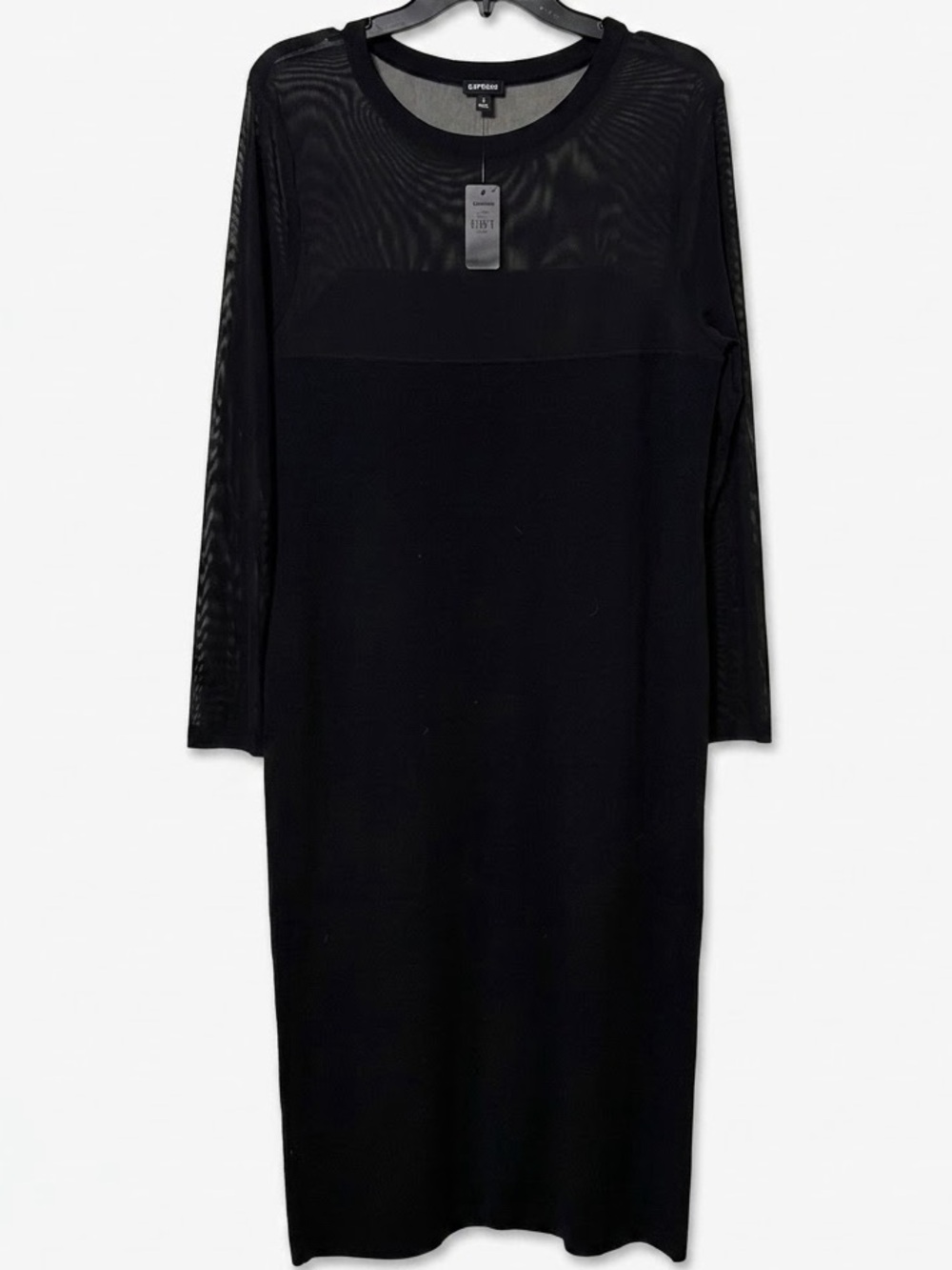 Express Black Long Sleeve Mesh-Paneled Midi Dress